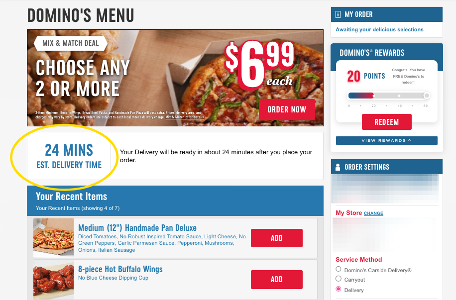 Domino's estimated delivery time
